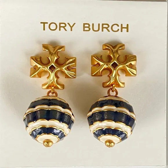 Auth NEW Tory Burch Navy New Roxanne Small Drop Stripe Earrings w/Card/Bag $168 - Picture 6 of 7